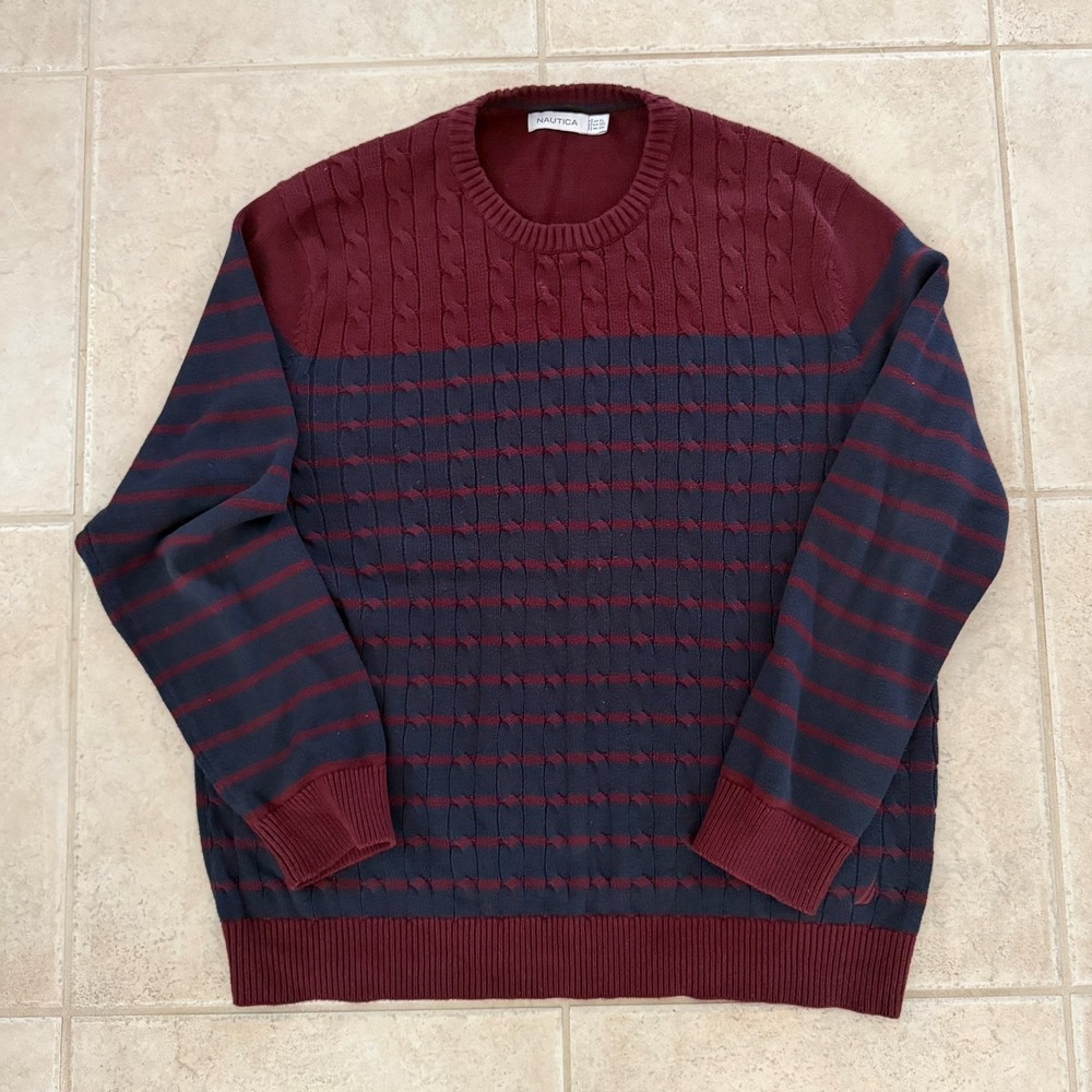 Nautica Cable Knit Crew Neck Blue Red Striped Men's Sweater XXL 100% Cotton